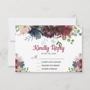 Carte RSVP de mariage rose floral de la marine de 