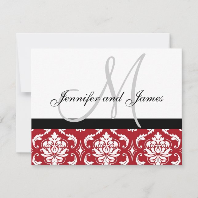 Carte RSVP de mariage Rouge Damas Monogramme & Nom (Devant)