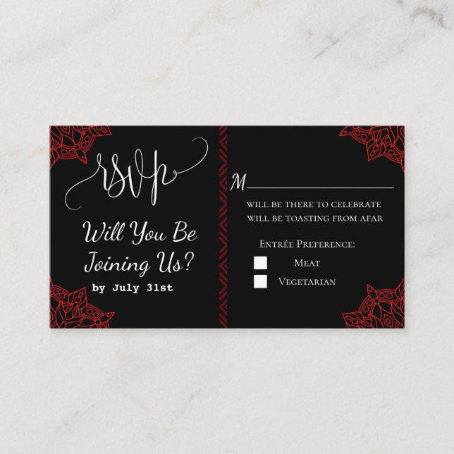 Carte RSVP de mariage rouge noir indien (Devant)