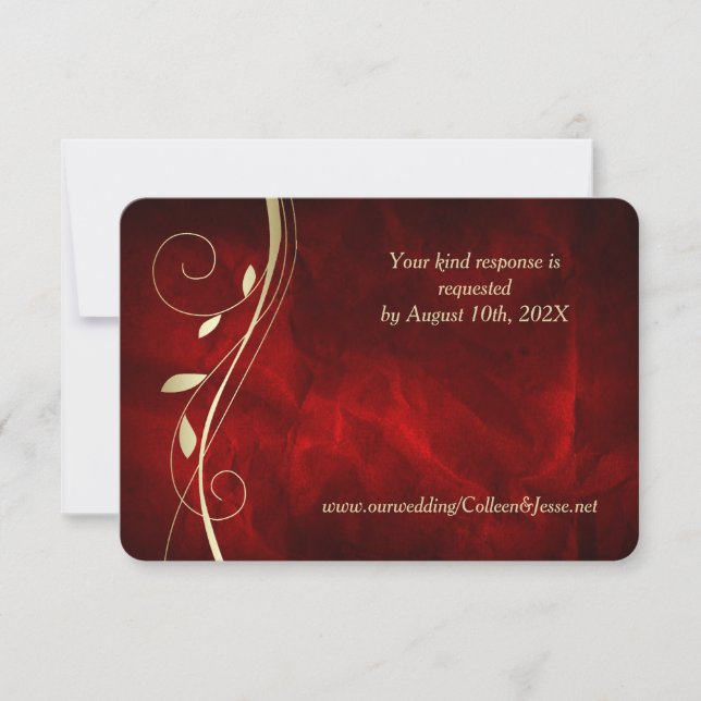 Carte RSVP de mariage rouge profond feuille or (Devant)