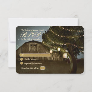 Carte RSVP de mariage rustique avec grange et feux
