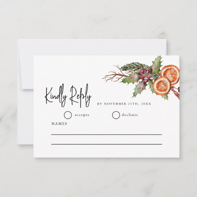 Carte RSVP de mariage rustique et verdure de Noël (Devant)