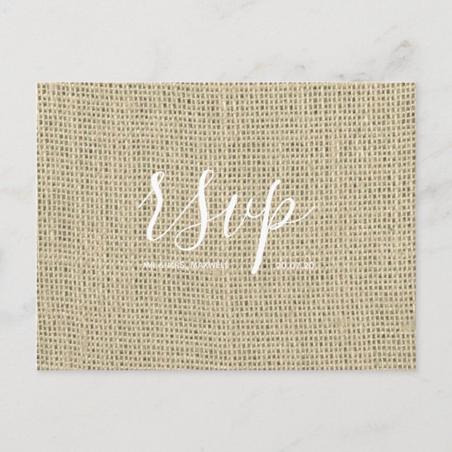 Carte Rsvp de mariage rustique | Hessian Burlap Sc (Devant)