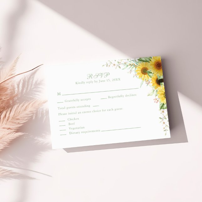 Carte RSVP de mariage rustique Sunflower (Rustic Sunflower Delight Wedding RSVP Card on a white sunny table)