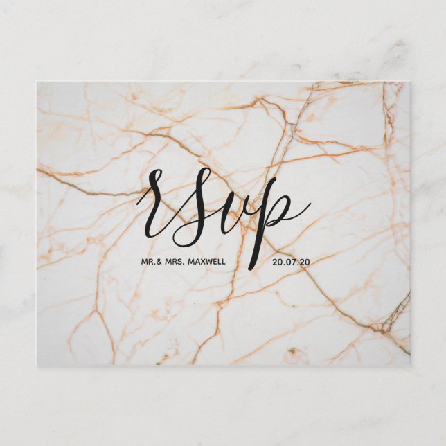 Carte Rsvp de mariage | Script de marbre blanc or (Devant)