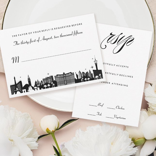 Carte RSVP de mariage Skyline Las Vegas noir et bl (Créateur téléchargé)