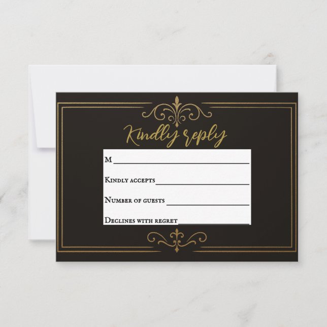 Carte RSVP de mariage traditionnel en or noir (Devant)