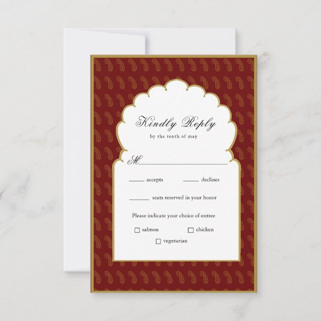 Carte RSVP de mariage traditionnel indien rouge et (Devant)
