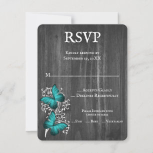 Carte RSVP de mariage turquoise à papillon rustiqu