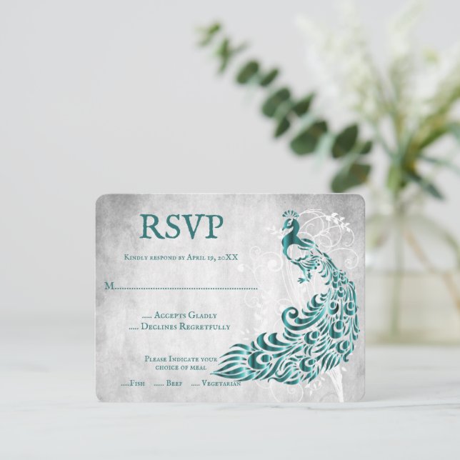 Carte RSVP de mariage turquoise de vigne feuille d (Debout devant)