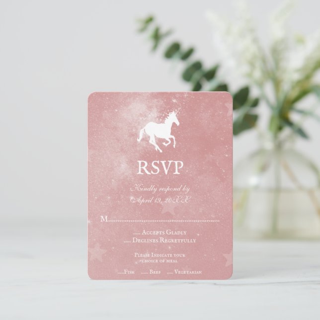 Carte RSVP de mariage Unicorne rose (Debout devant)