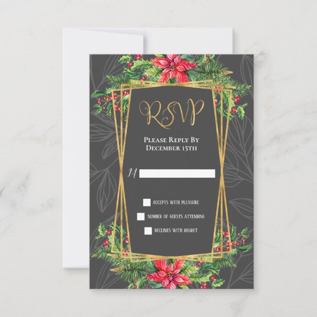 Carte RSVP de Noël Gris Rouge Or Poinsettias (Devant)