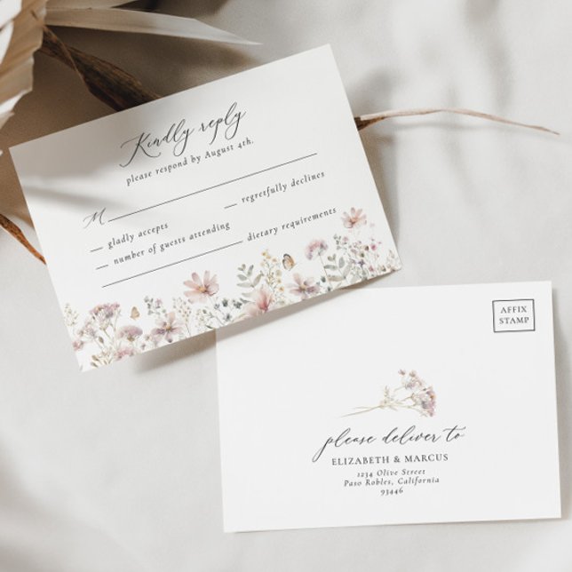 Carte RSVP Dusty Rose Fleur sauvage Floral Wedding (RSVP Card Front/Back)