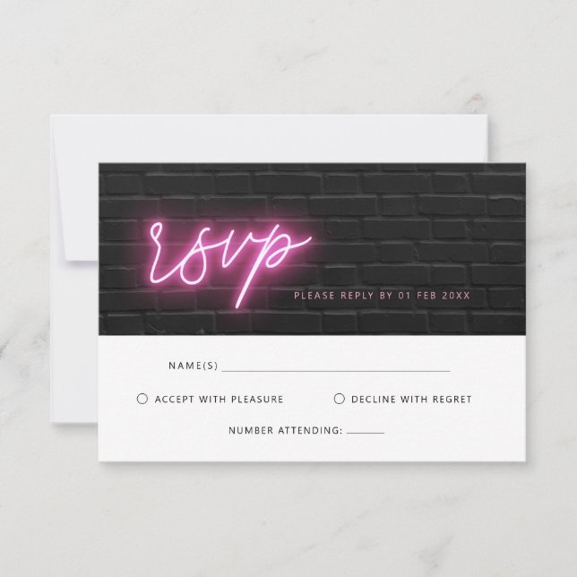 Carte RSVP électrique noir et rose néon brillant (Devant)