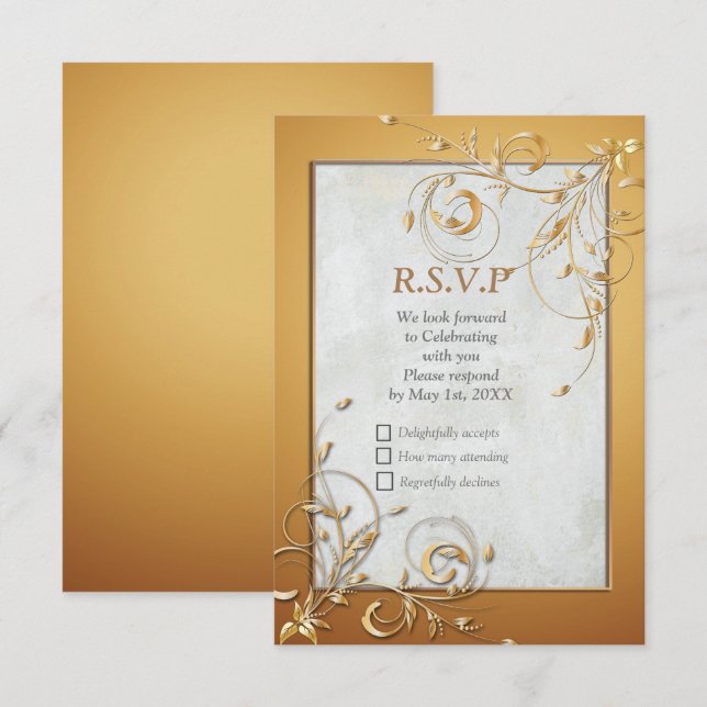 Carte RSVP Elegant Ripple Cream & Gold (Devant / Derrière)