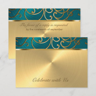Carte RSVP Elegant Turquoise Blue et Gold Filigree