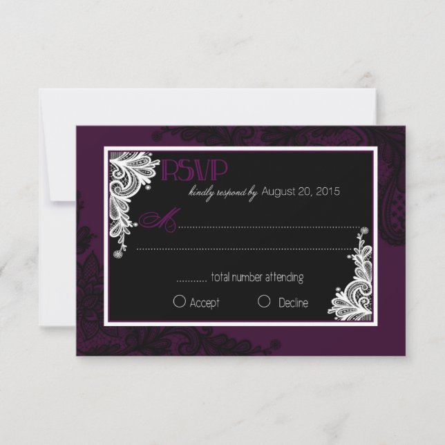 Carte RSVP élégante à dentelle blanche et noire Pl (Devant)
