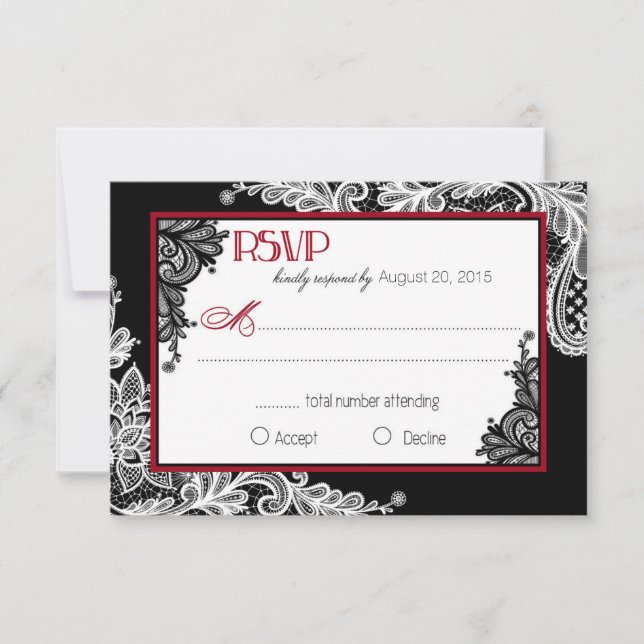 Carte RSVP élégante en dentelle noire et blanche (Devant)
