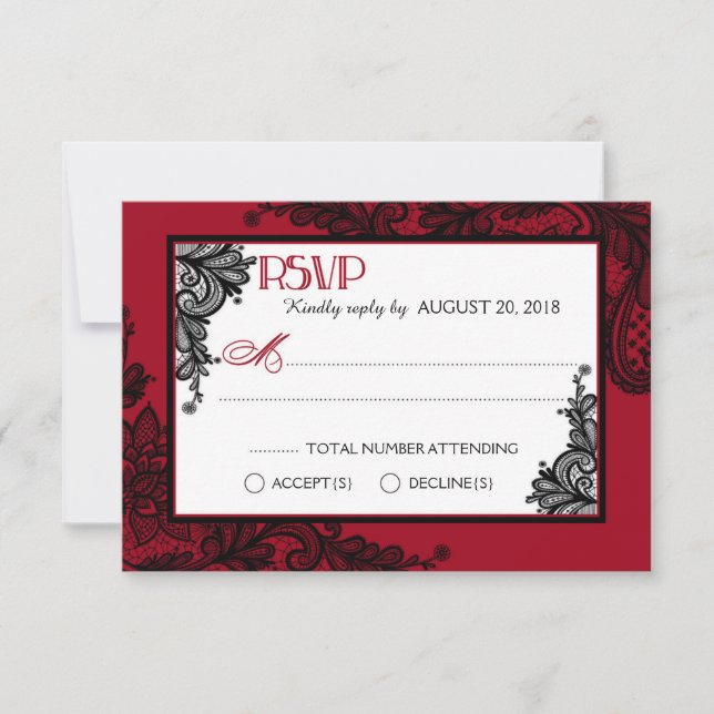 Carte RSVP élégante en dentelle rouge blanche et n (Devant)