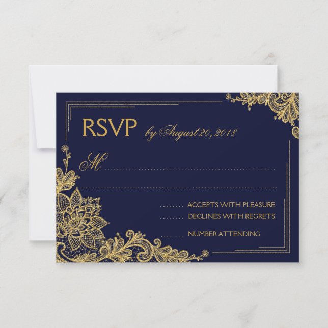 Carte RSVP Elégante pour dentelle marine et or (Devant)