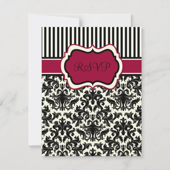 Carte RSVP en damas noir, ivoire et rouge rayé (Devant)