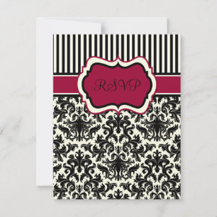 Carte RSVP en damas noir, ivoire et rouge rayé