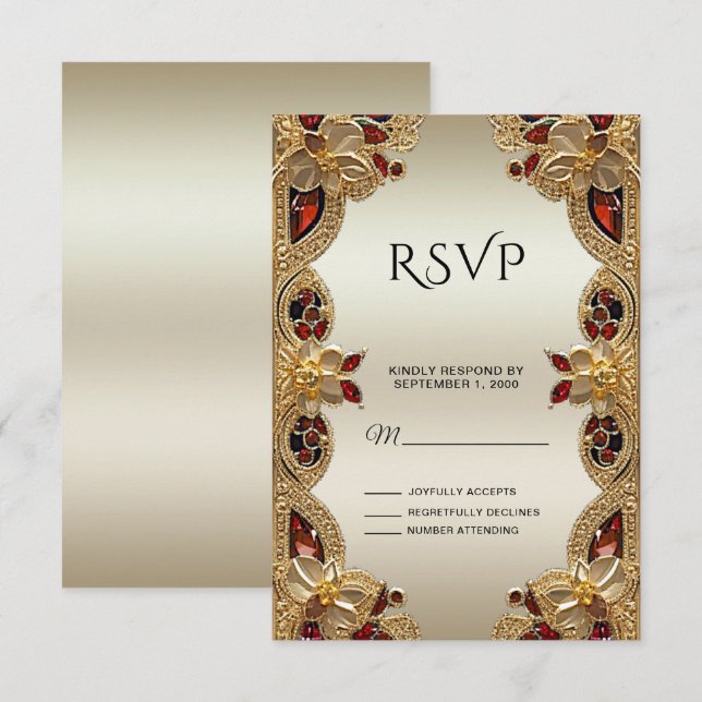 Carte RSVP en grès rouge Fleurs dorées (Devant / Derrière)