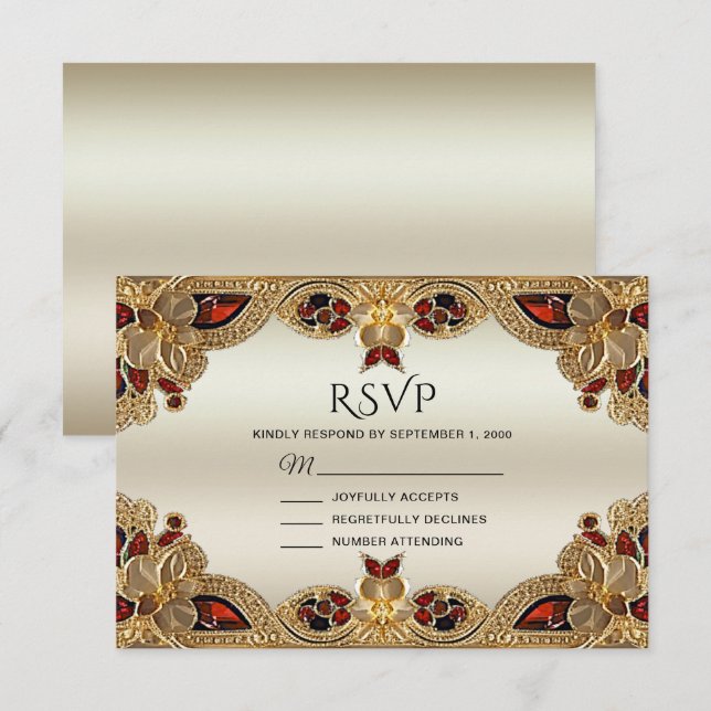 Carte RSVP en grès rouge Fleurs dorées (Devant / Derrière)