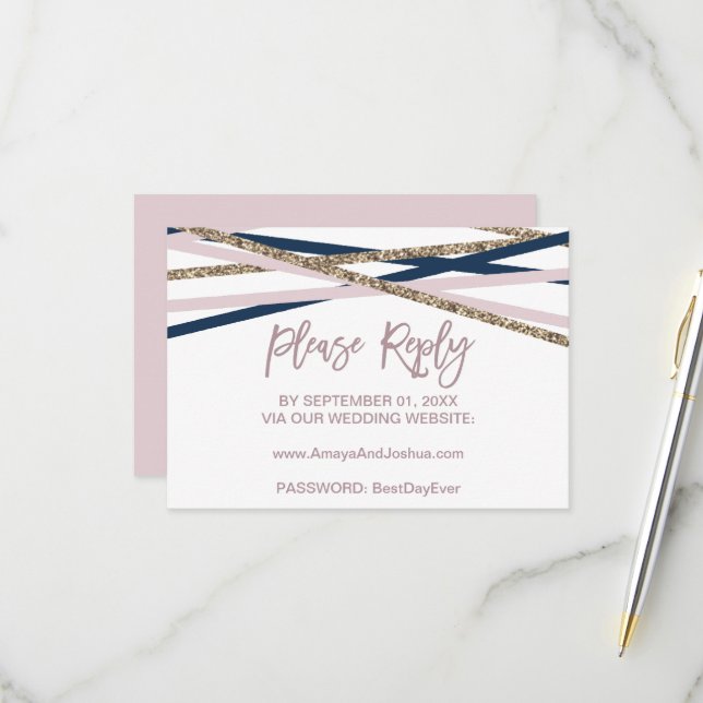 Carte RSVP en ligne Marine Blush et Gold Streamers (Devant/Arrière en situation)
