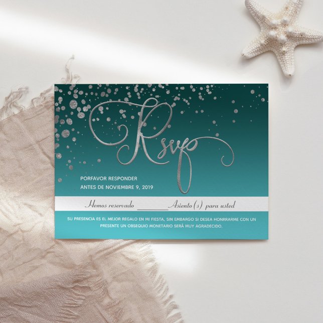 Carte RSVP espagnole Quinceanera bleue Turquoise v (Créateur téléchargé)