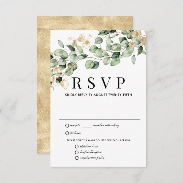 Carte RSVP Eucalyptus Gold Wedding, Options de rep (Devant / Derrière)