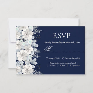 carte RSVP fleur blanche sakura bleu marine