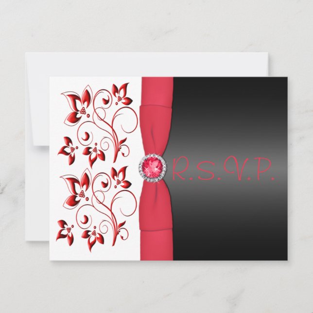 Carte RSVP Fleur Rouge, Noir et Blanc IMPRIMÉE RIB (Devant)