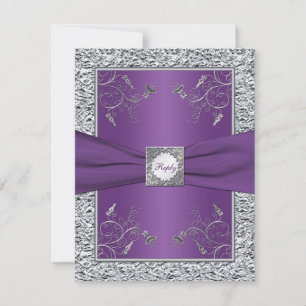 Carte RSVP fleurie violet et en argent FAUX