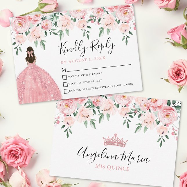 Carte RSVP Floral Blush Rose Quinceanera (Floral Blush Pink Quinceanera RSVP Card)