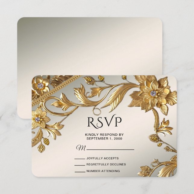 Carte RSVP Floral Feuille Golden Wavy (Devant / Derrière)
