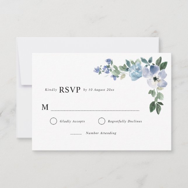 Carte RSVP florale bleue et verte (Devant)