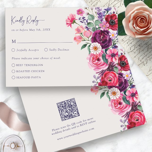 Carte RSVP florale en gras (Bold Jewel Tone Watercolor Floral RSVP Card with QR Code by Painted Paperie
)