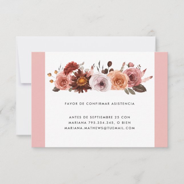 Carte RSVP florale espagnole, blanche, rose et bou (Devant)