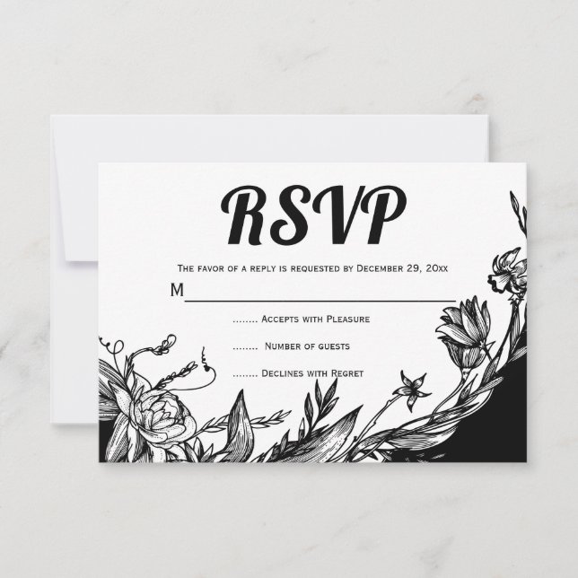 Carte RSVP florale noire, fleurs blanches (Devant)