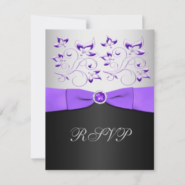 Carte RSVP florale noire, violette et argent (Devant)