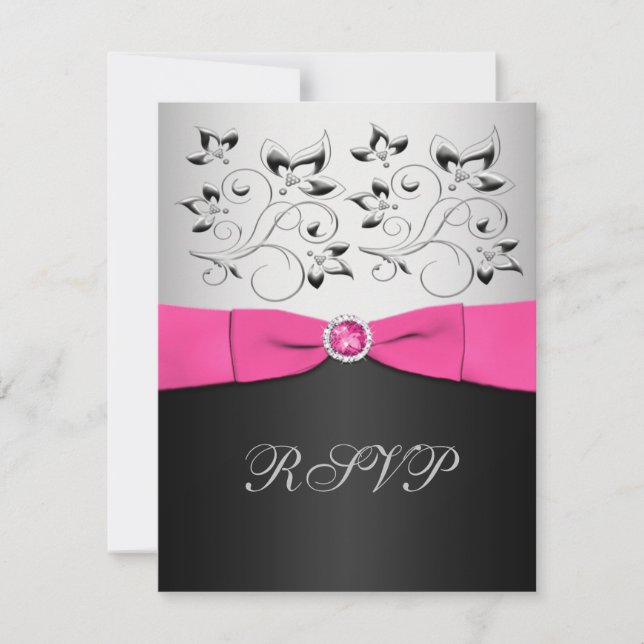 Carte RSVP florale rose, noir et argent (Devant)
