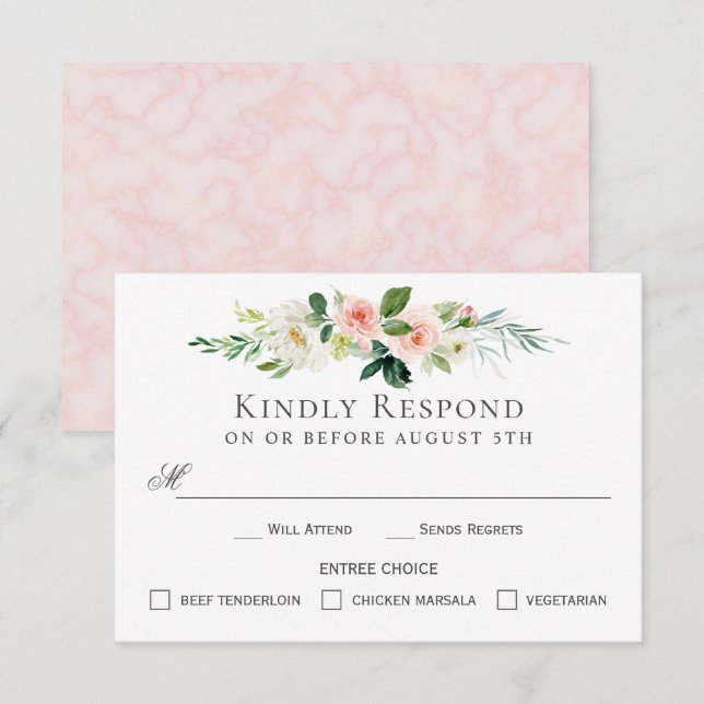 Carte RSVP florale rose vierge avec choix Entree (Devant / Derrière)