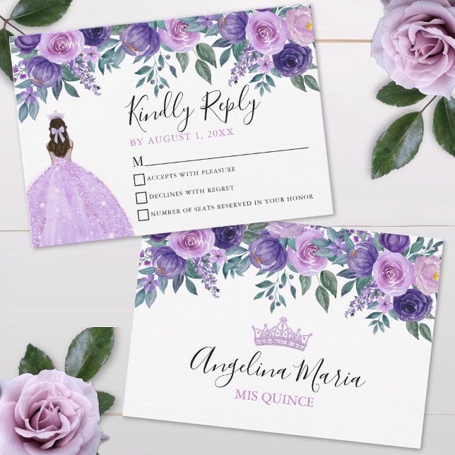 Carte RSVP Florale Violet Violet Quinceanera (Floral Violet Purple Quinceanera RSVP Card)