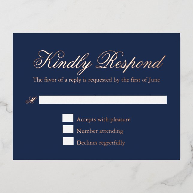 Carte RSVP Foil Mariage bleu de la marine traditio (Recto)