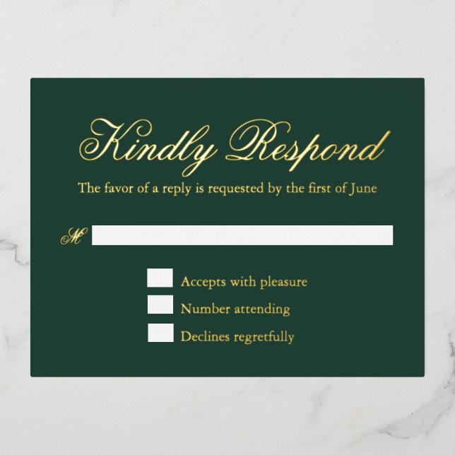 Carte RSVP Foil Mariage vert traditionnel (Recto)
