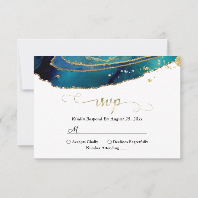 Carte RSVP Géode doré Turquoise Aquarelle moderne (Devant)