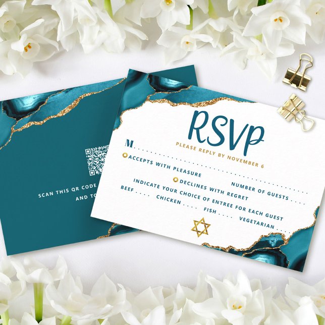 Carte RSVP Gras Agate Turquoise Bat mitzvah de cod (Créateur téléchargé)