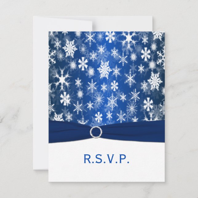 Carte RSVP IMPRIMÉE RIBBON Bleu, Snowflakes Blancs (Devant)