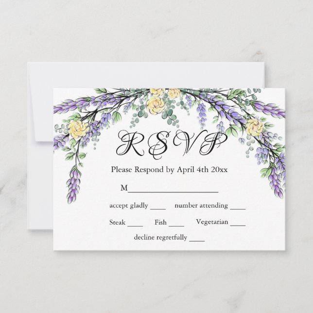 Carte RSVP Lavender Yellow Rose et Eucalyptus (Devant)